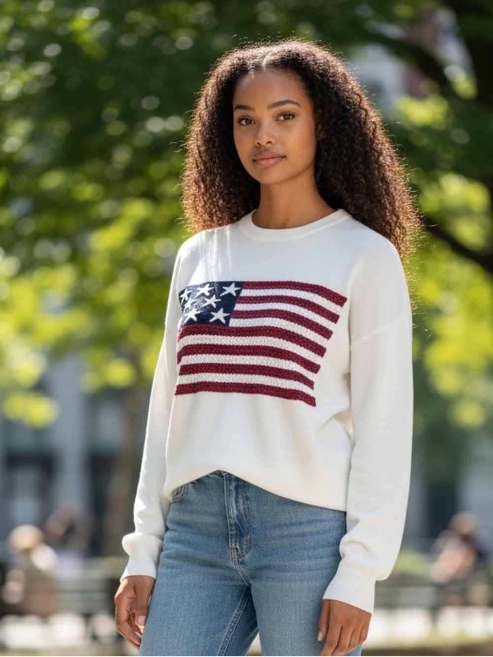 Women's White Crewneck Sweater with American Flag - Size Large